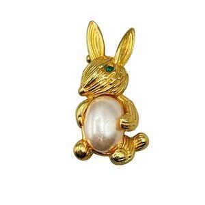 Vintage Bunny Pin Brooch Easter Bunny Rabbit Gold Tone And Pearl Belly